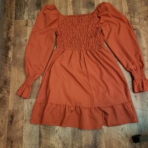 Orange Smocked Ruffled Long Sleeve Blouse